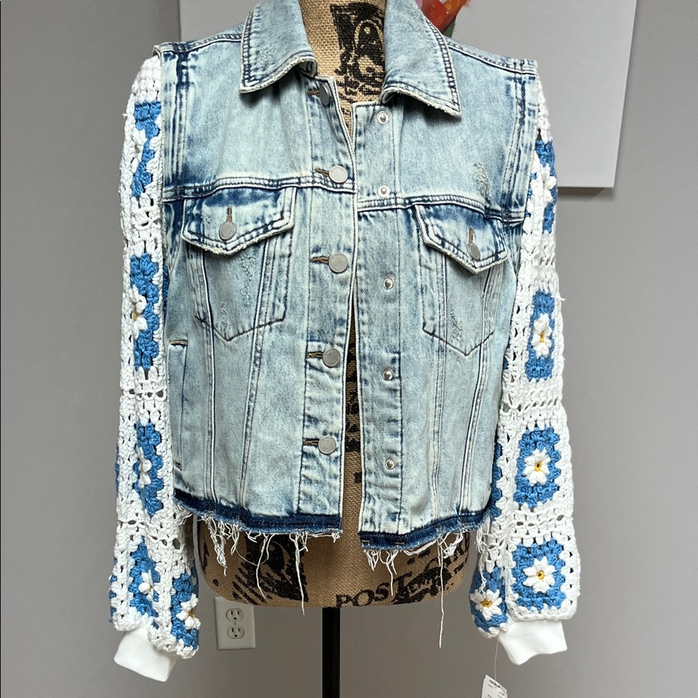 Denim Jacket with Crochet Sleeves